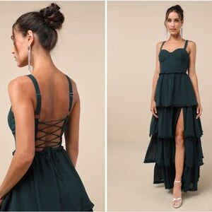 LULU's Sexy Prom Special Event Wedding Flowy Chiffon Corset Tie Back Maxi Gown